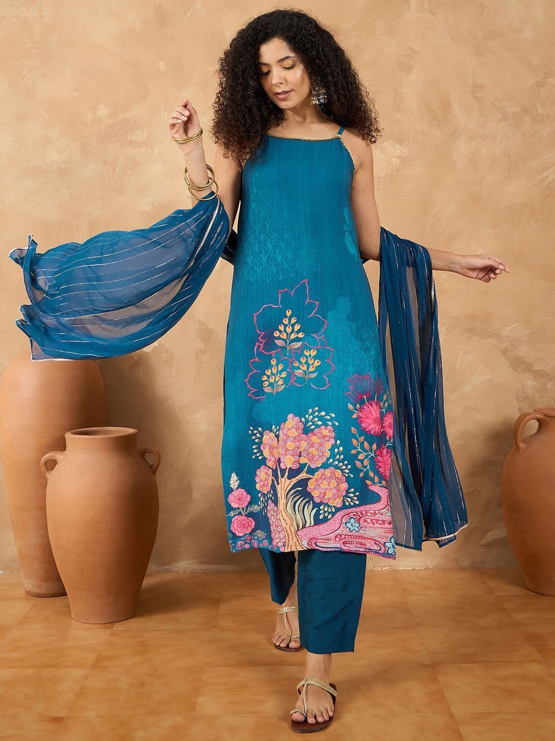 Varanga Women Spaghetti Tie up Strap Straight Floral Kurta with Trousers and Dupatta thumbnail 2