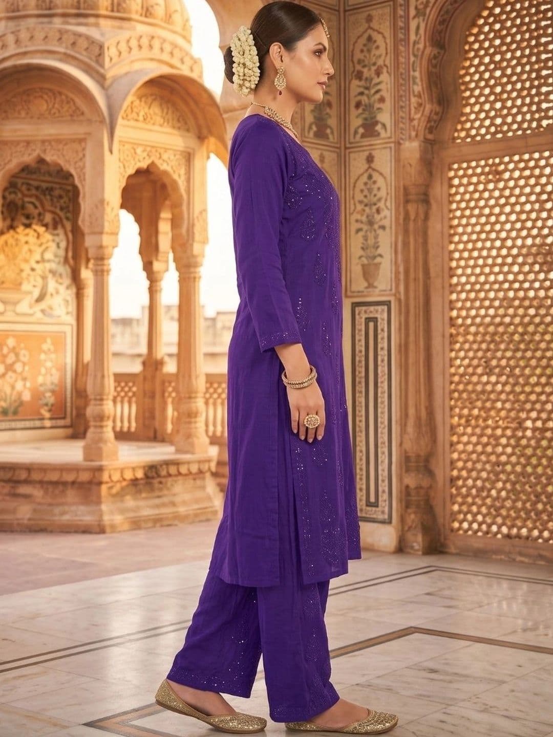 Fashion Chikan Art Women Ethnic Motifs Embroidered Regular Thread Work Kurta with Palazzos thumbnail 5