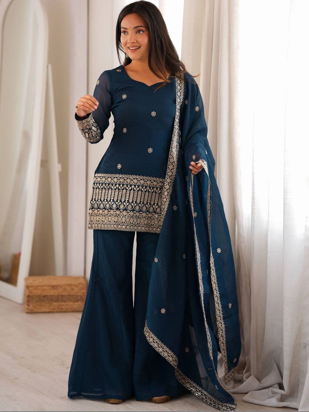 VASTRABELLA Women Ethnic Motifs Embroidered Regular Kurta with Sharara & With Dupatta - view 1