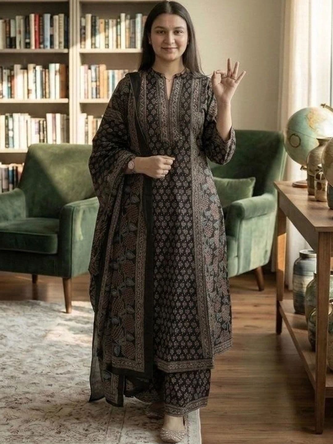 MILAAV Women Ethnic Motifs Printed Regular Mirror Work Pure Cotton Kurta with Palazzos & With Dupatta thumbnail 4