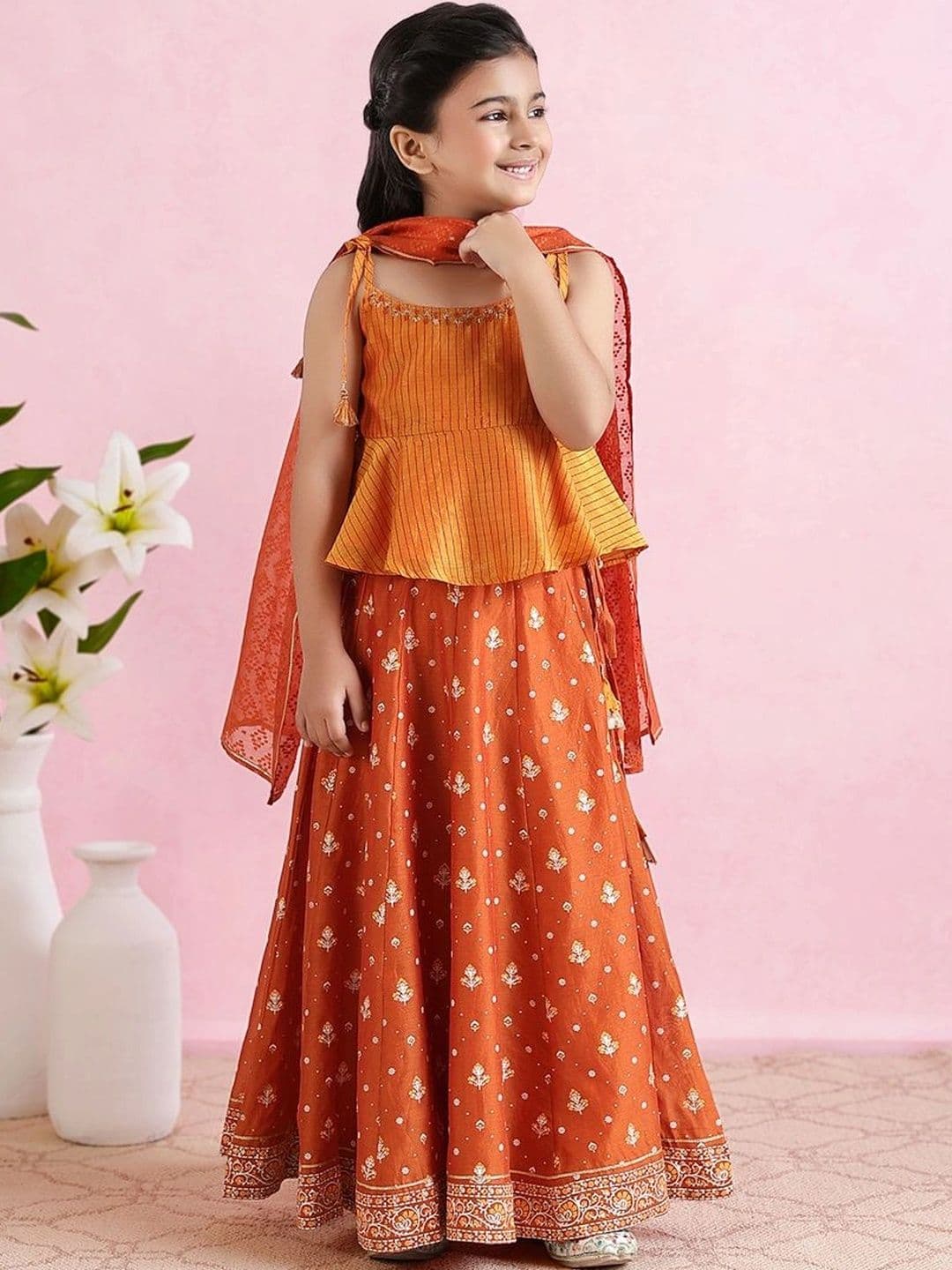 Fabindia Girls Printed Block Print Ready to Wear Lehenga & Blouse With Dupatta thumbnail 3