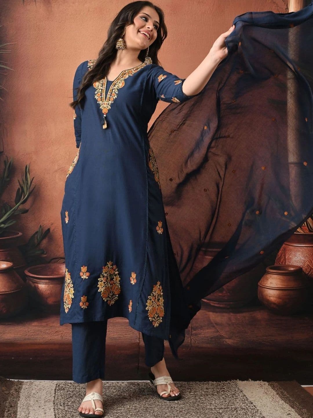 Encourage Women Ethnic Motifs Embroidered Regular Thread Work Kurta with Trousers & With Dupatta thumbnail 7