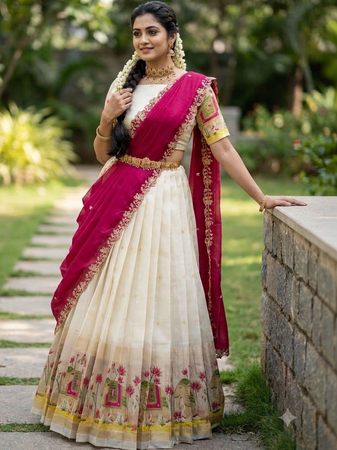 Pink Bindi Printed Thread Work Kalamkari Semi-Stitched Lehenga & Unstitched Blouse With Dupatta thumbnail 4