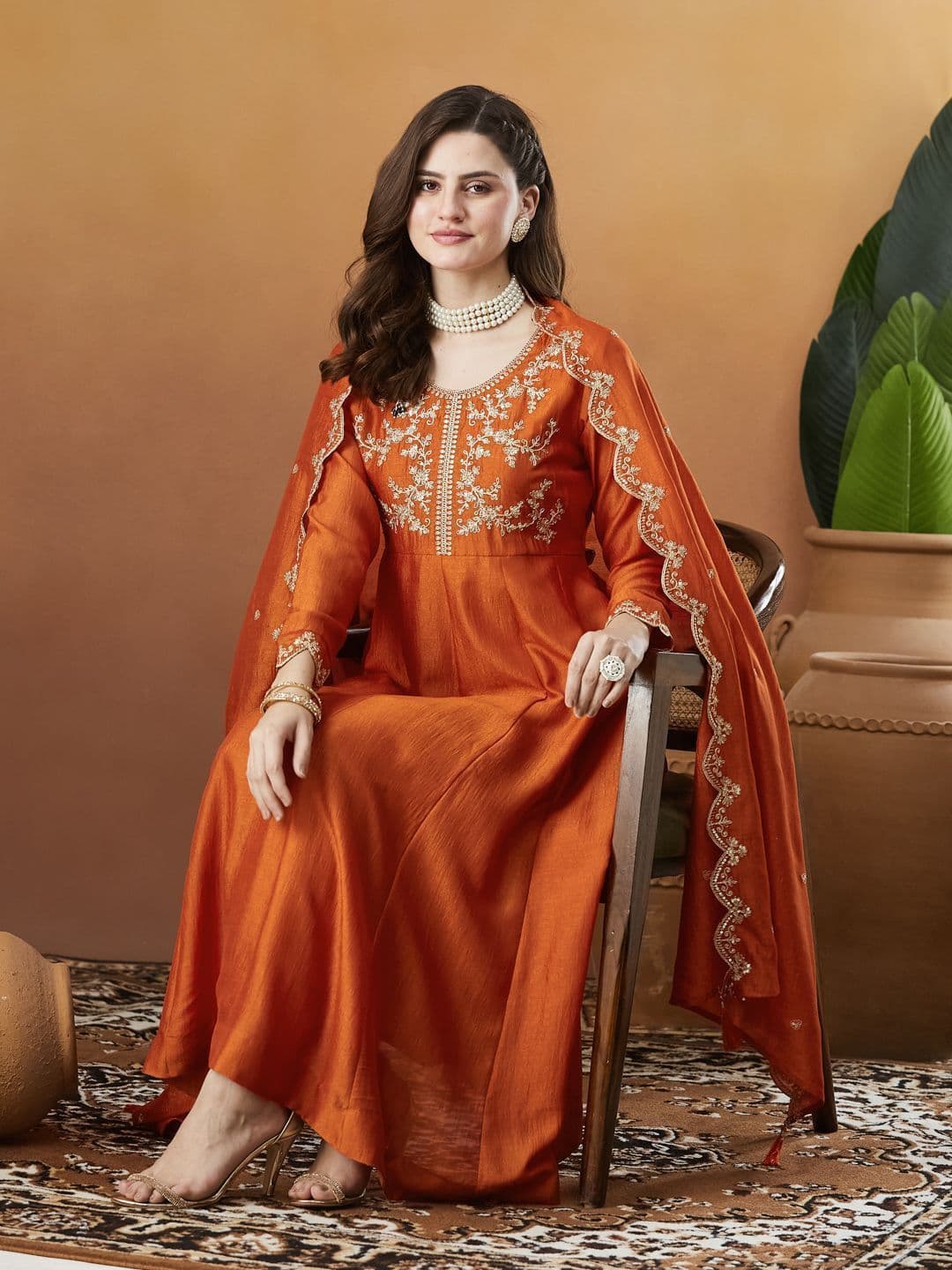 Colors  of Earth Colors of Earth Silk Embroidered Anarkali Kurta And Pant With Dupatta thumbnail 6