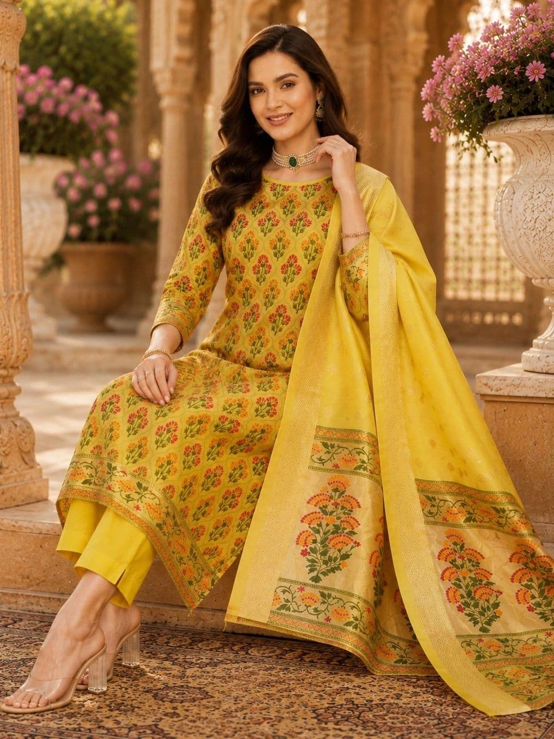 Mitera Women Ethnic Motifs Printed Regular Chanderi Cotton Kurta with Trousers & With Dupatta thumbnail 7
