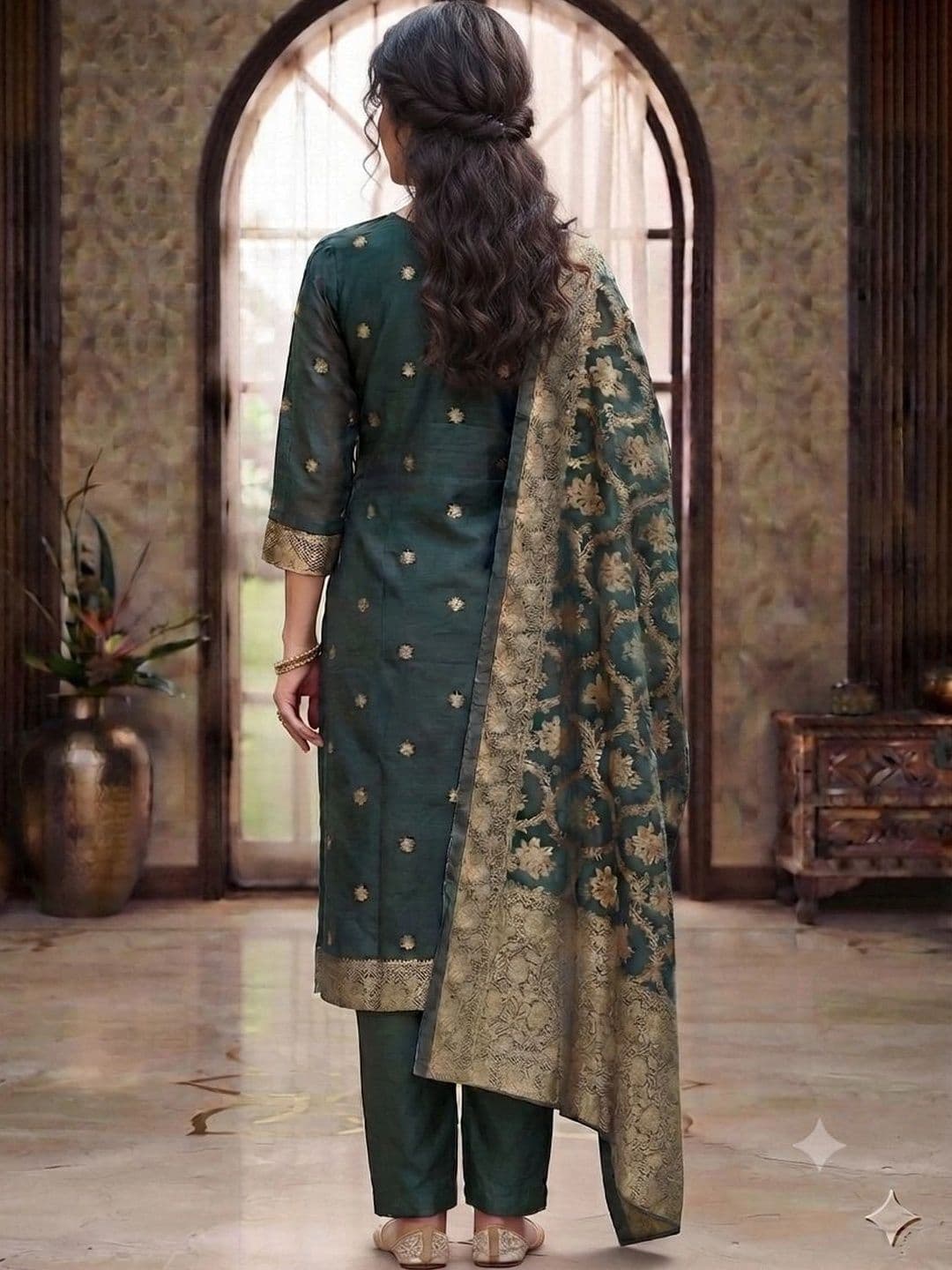 Mitera Women Ethnic Motifs Embroidered Regular Chanderi Silk Kurta with Trousers & With Dupatta thumbnail 3