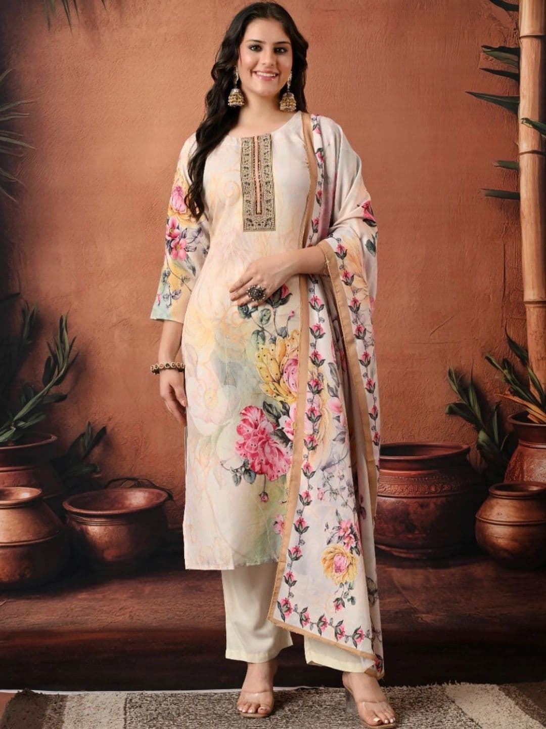 Encourage Women Floral Printed Regular Thread Work Kurta with Trousers & With Dupatta - view 1