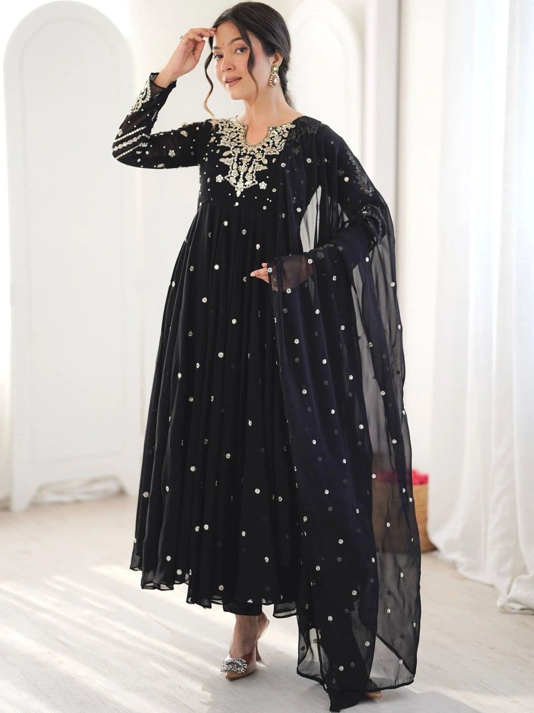 VASTRABELLA Women Ethnic Motifs Embroidered Empire Sequinned Silk Georgette Kurta with Trousers & With - view 1