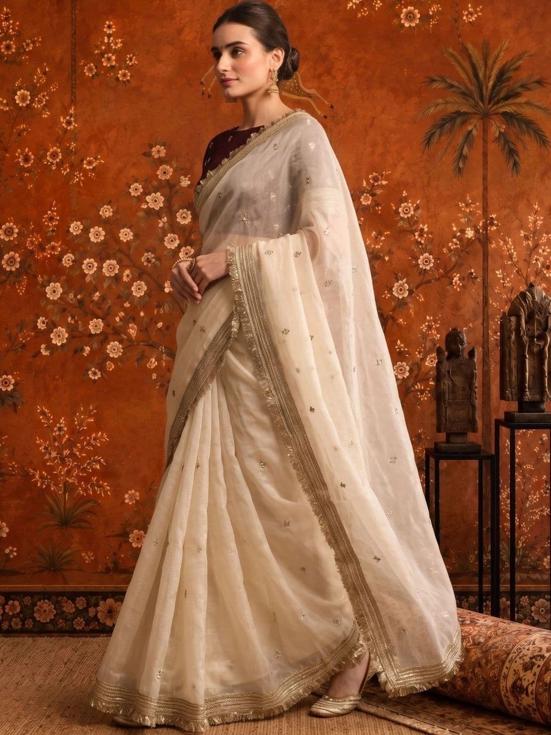 Sangria Floral Embroidered Satin Saree thumbnail 2