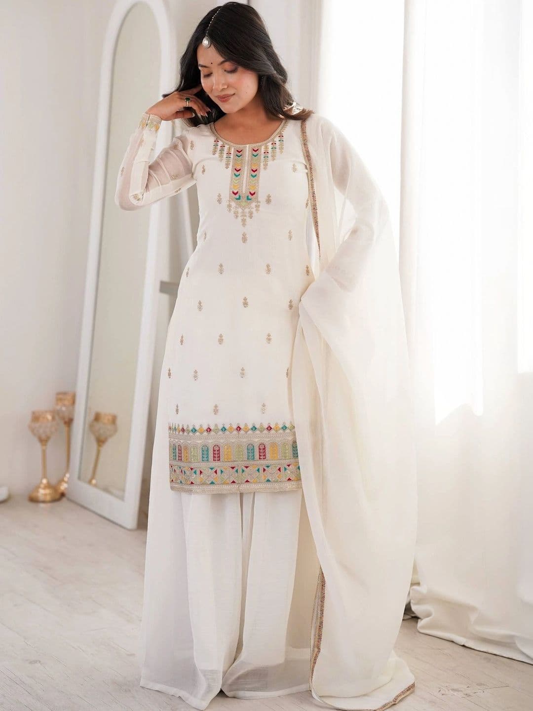 VASTRABELLA Women Ethnic Motifs Embroidered Regular Thread Work Kurta with Palazzos & With Dupatta thumbnail 6