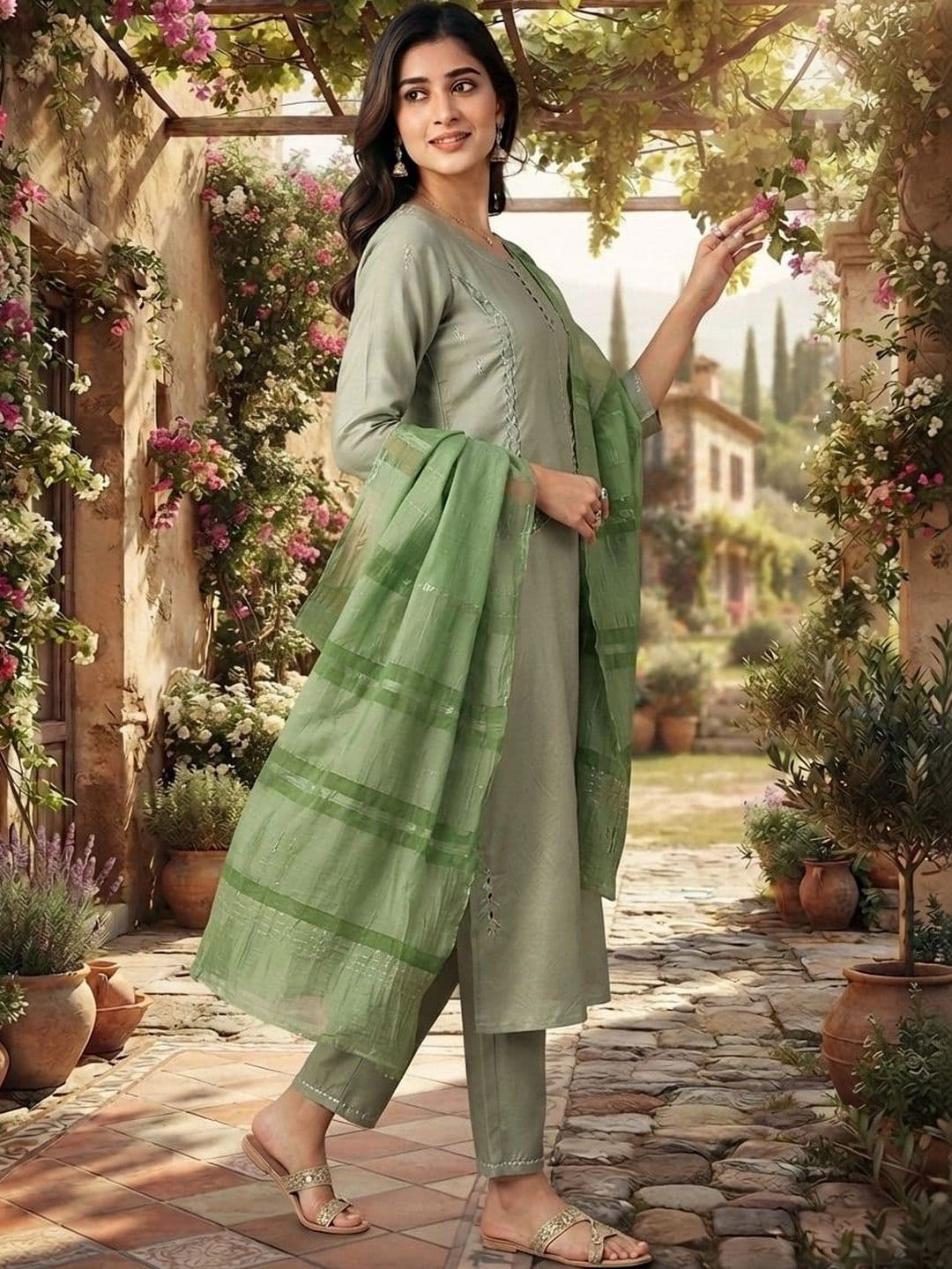 RAJGRANTH Women Ethnic Motifs Embroidered Regular Thread Work Chanderi Cotton Kurta with Trousers & With thumbnail 5