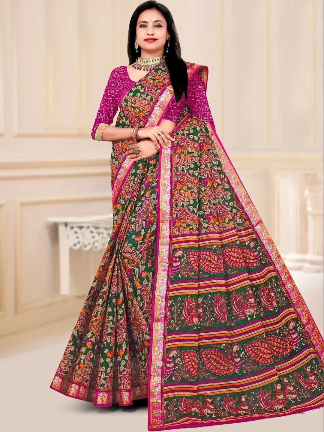 SONARIKA CREATION Kalamkari Pure Cotton Handloom Block Print Saree thumbnail 3