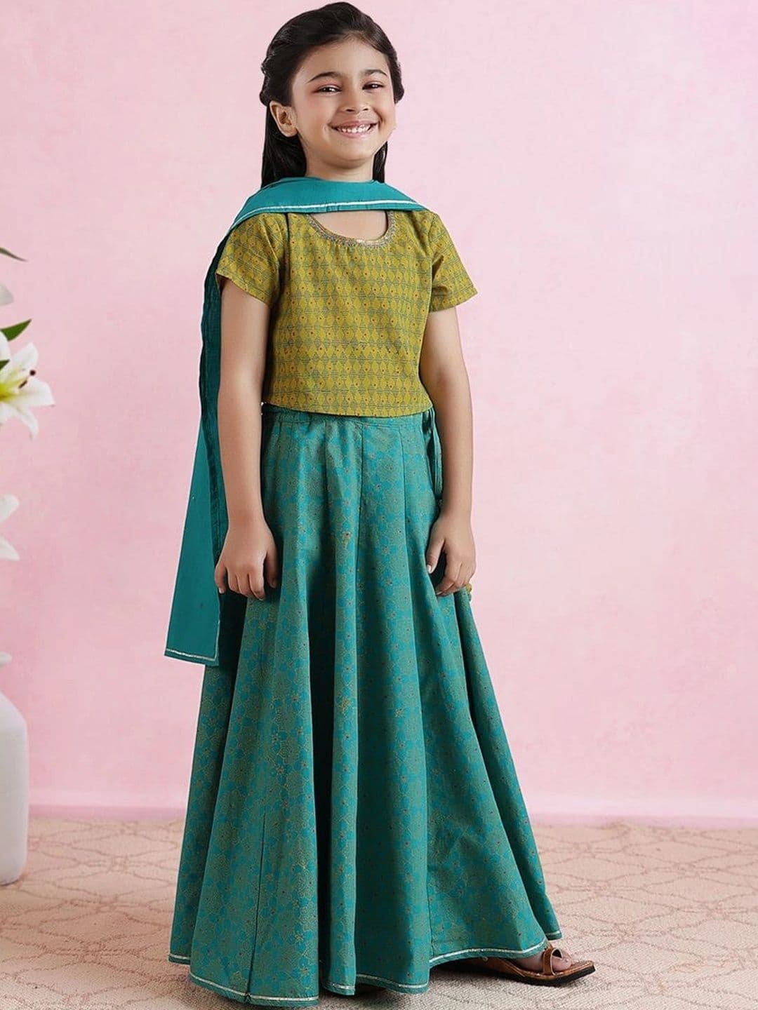 Fabindia Girls Printed Block Print Ready to Wear Lehenga & Blouse With Dupatta thumbnail 5