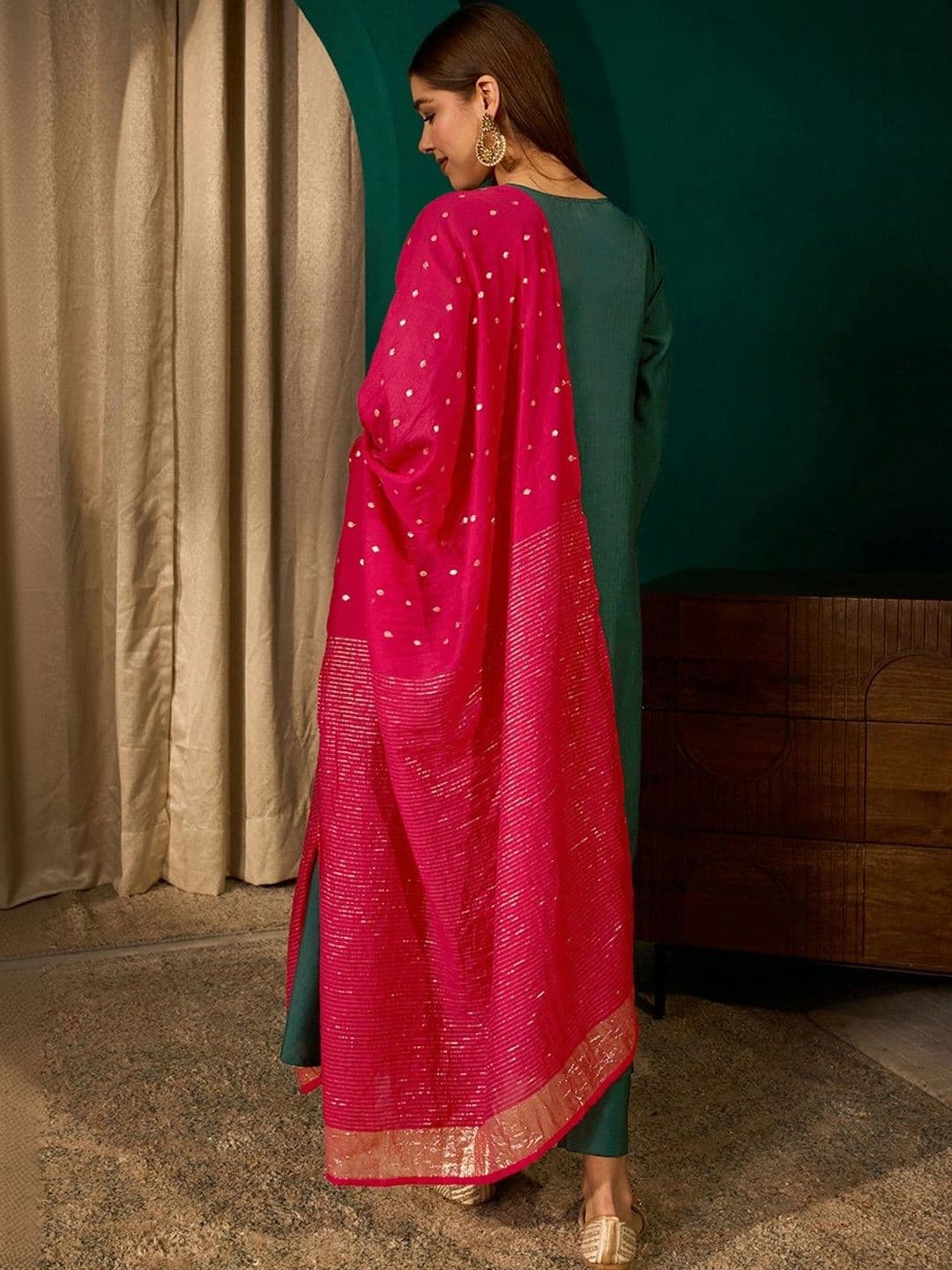 SMITSAREE Women Ethnic Motifs Embroidered Empire Thread Work Kurta with Trousers & With Dupatta thumbnail 5