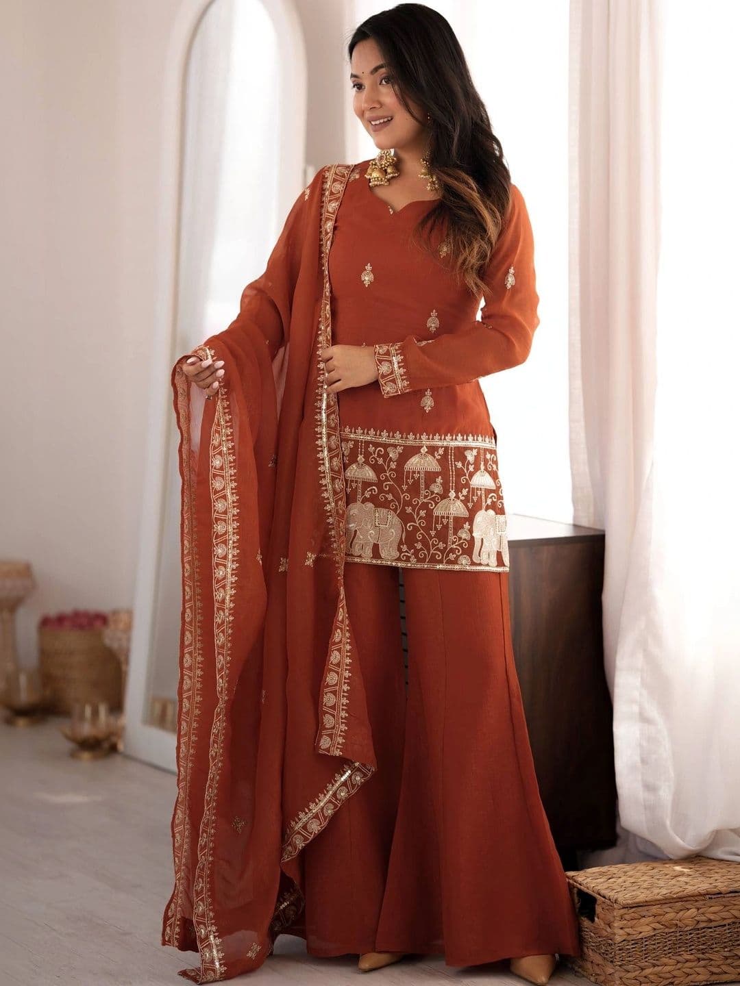 VASTRABELLA Women Ethnic Motifs Embroidered Regular Kurta with Sharara & With Dupatta thumbnail 4