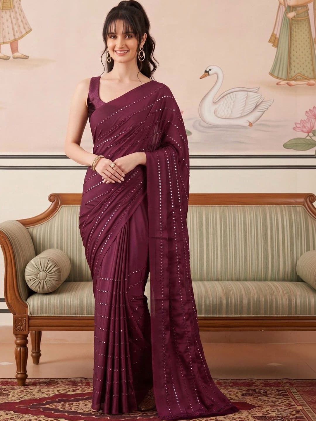 Saree mall Embellished Mirror Work Poly Georgette Designer Sarees - view 1
