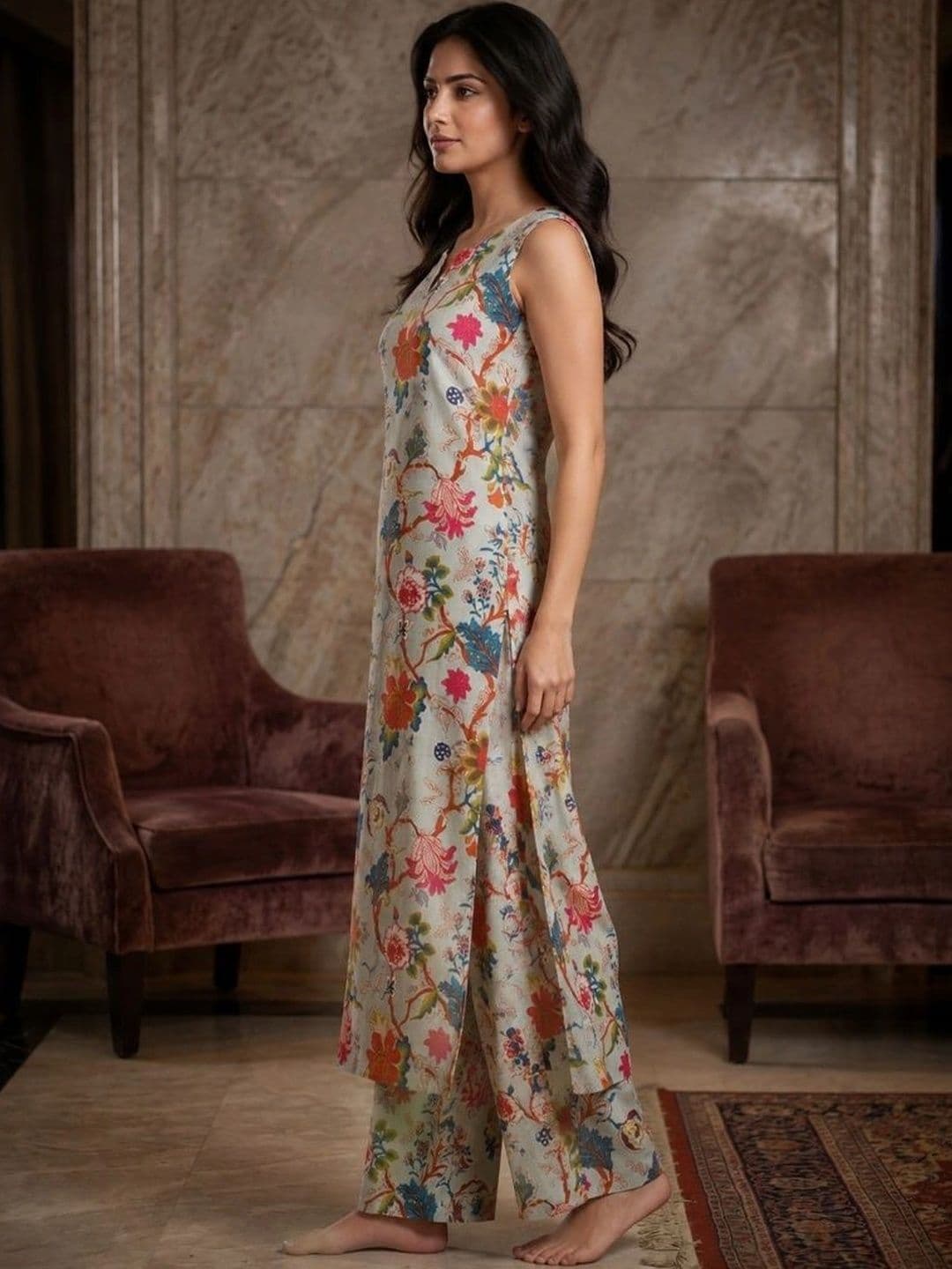 SAVYO Women Floral Printed Regular Pure Cotton Kurta with Palazzos thumbnail 2