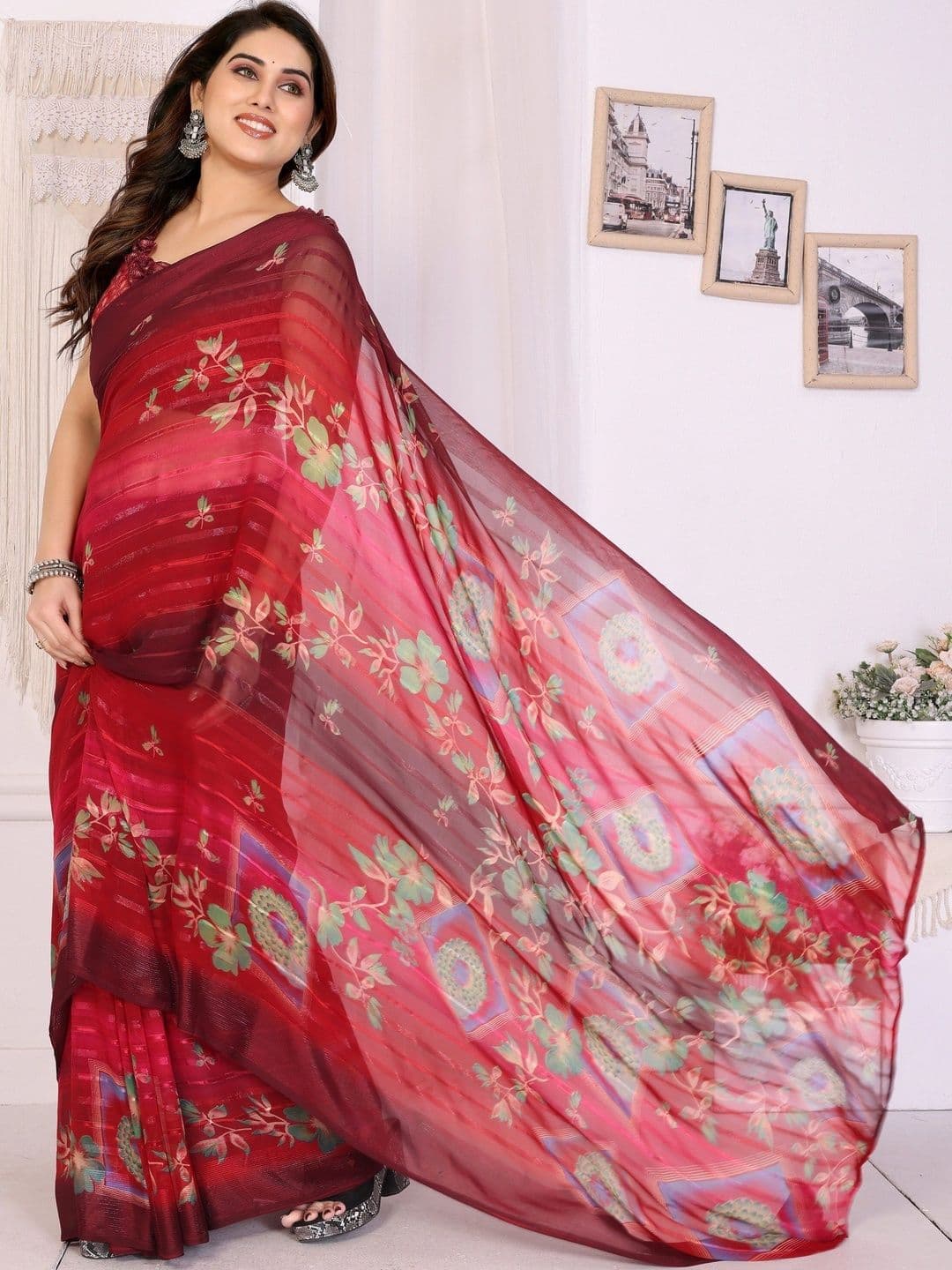 Owee Floral Pure Chiffon Designer Saree thumbnail 5