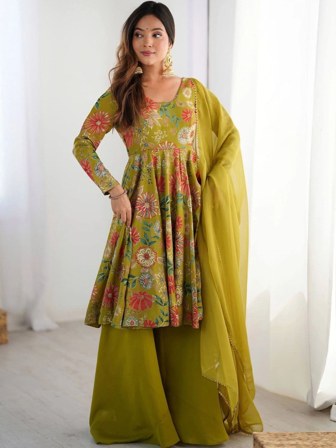 VASTRABELLA Women Floral Printed Empire Chanderi Silk Kurta with Sharara & With Dupatta - view 1