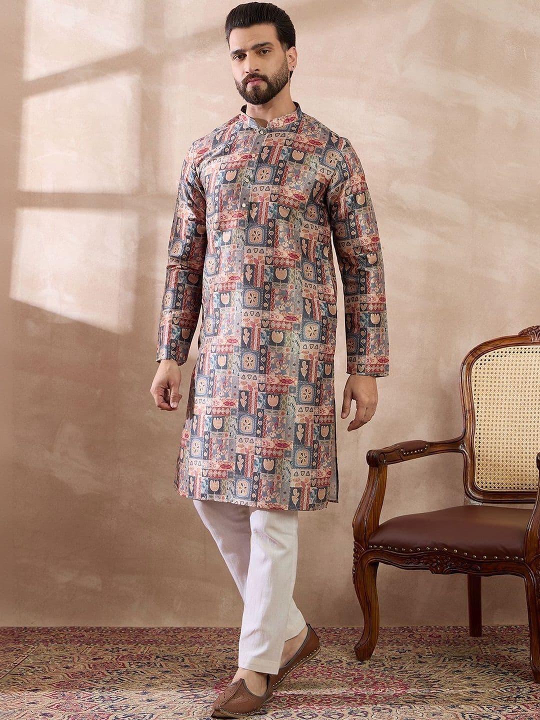 House of Pataudi Printed Mandarin Collar Calf Length Straight Kurta thumbnail 5