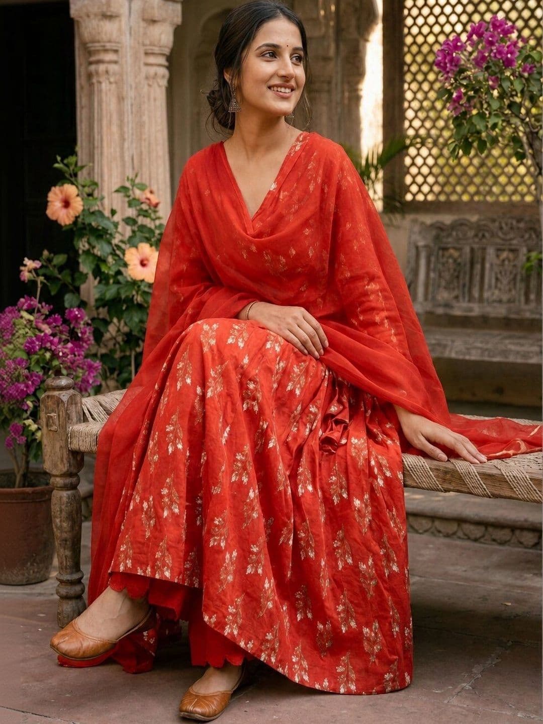 Anouk Women Floral Printed Angrakha Pure Cotton Kurta with Palazzos & With Dupatta thumbnail 6