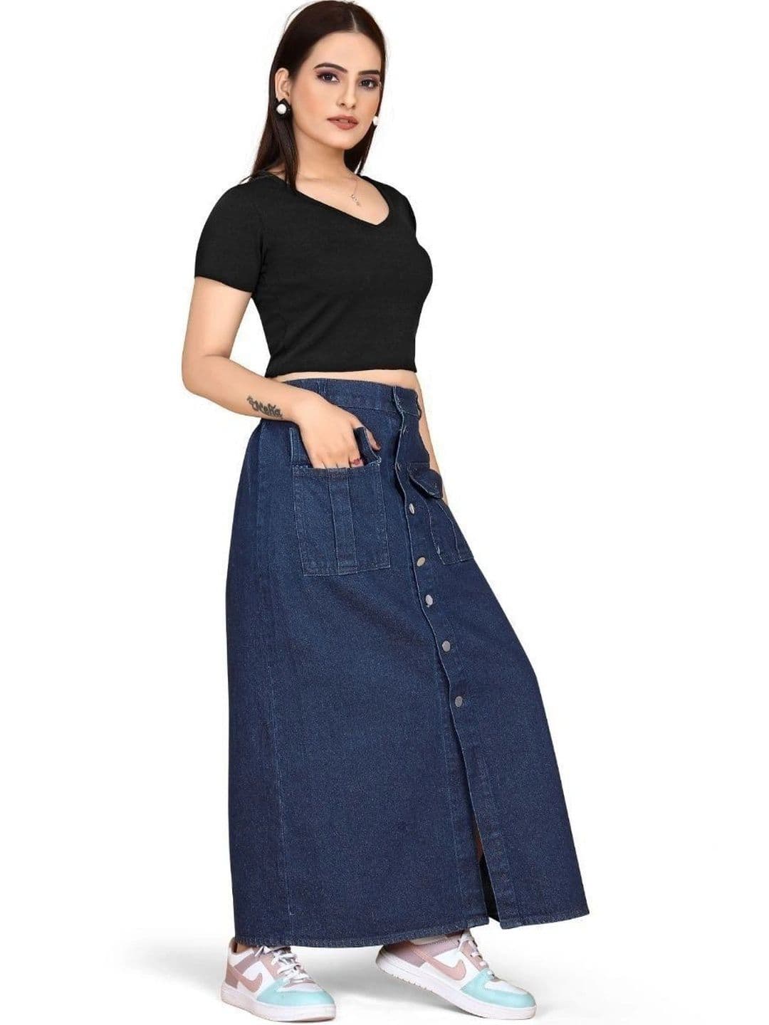 THE SQUAD CLUB Women Denim Front Slit Maxi A-Line Skirt thumbnail 2