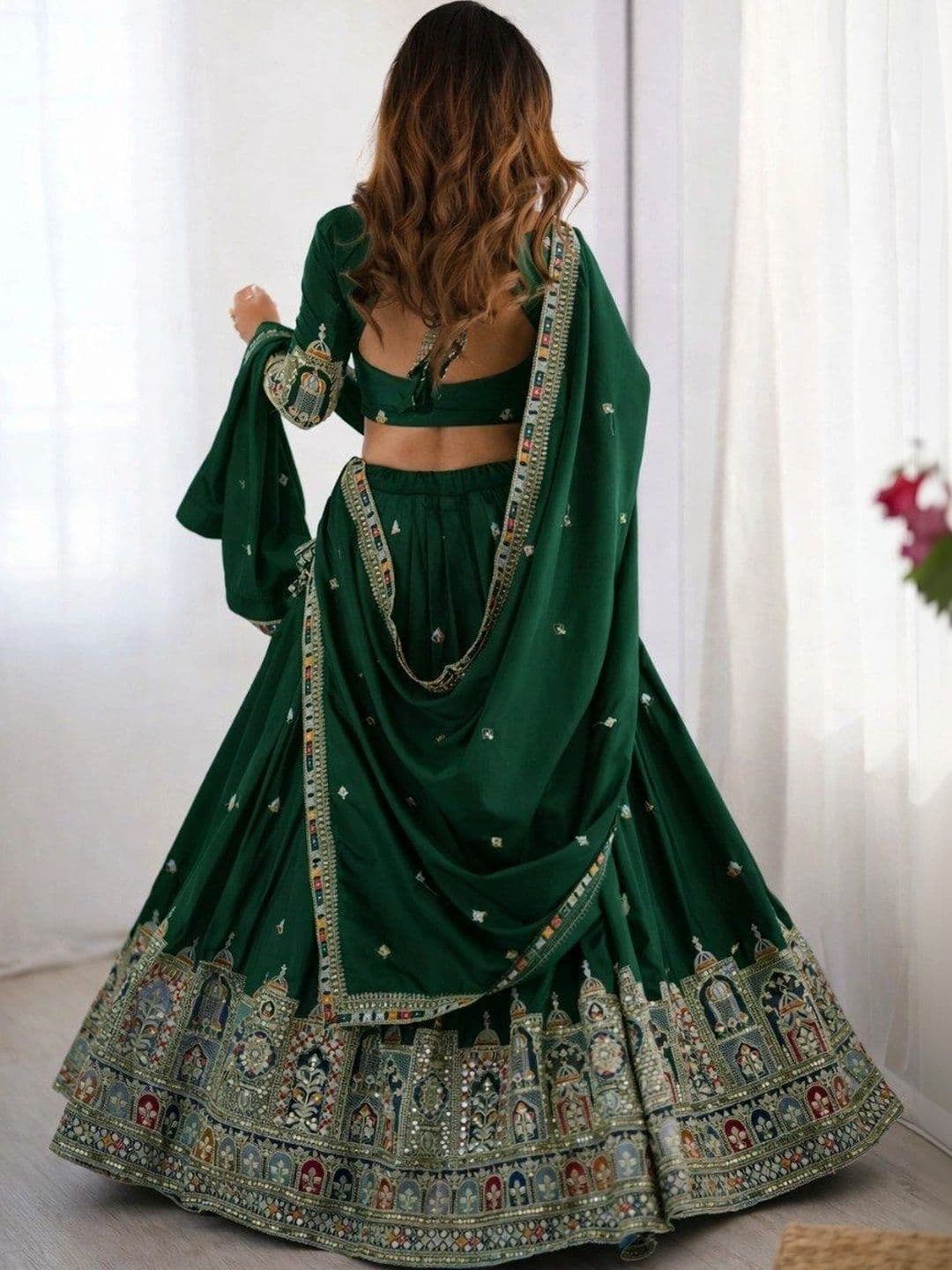 BLUSH STREET Embroidered Mirror Work Semi-Stitched Lehenga & Blouse With Dupatta thumbnail 2