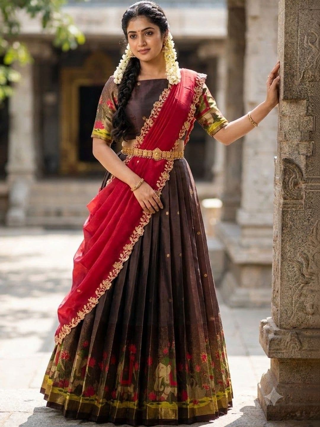 Pink Bindi Embroidered Semi-Stitched Lehenga & Unstitched Blouse With Dupatta thumbnail 6