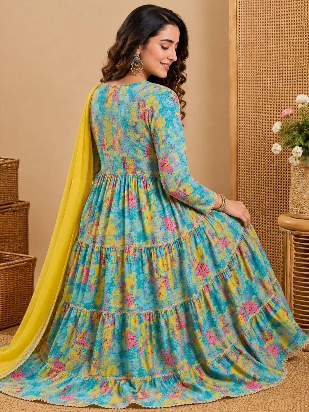 Sangria Printed Mirror Work Anarkali Kurta Set With Tasseled Dupatta thumbnail 5