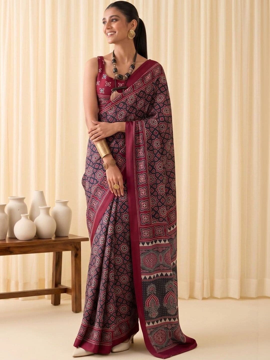 Saree mall Ajrak Block Poly Crepe Designer Block Print Sarees thumbnail 6