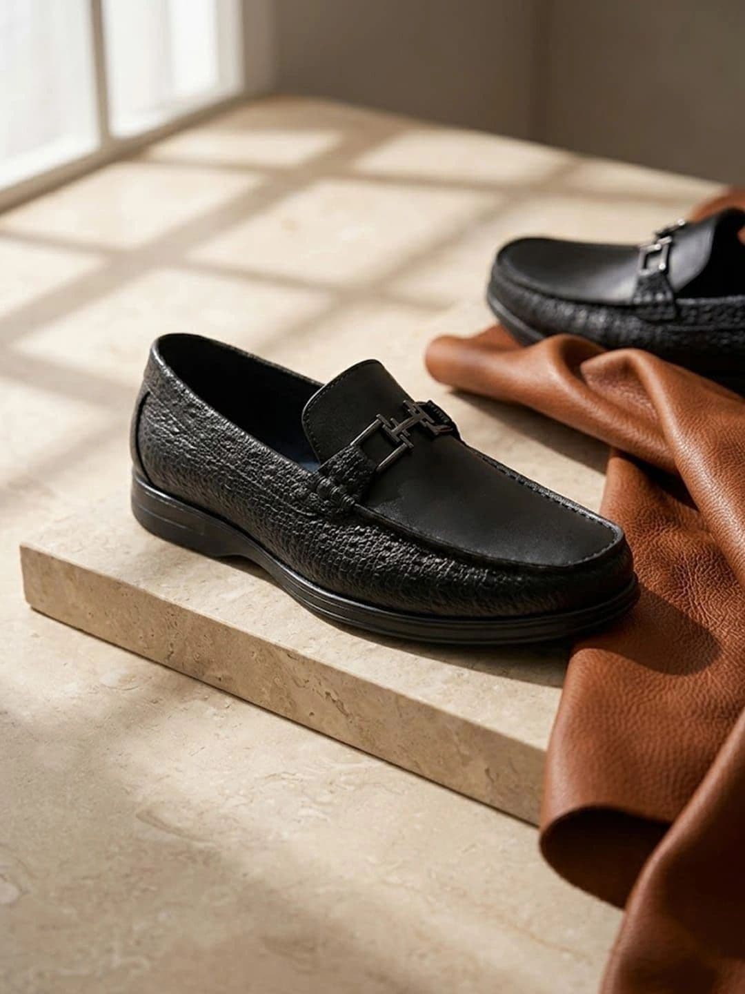 House of Pataudi Men Textured Round Toe Slip-On Loafers Formal Shoes - view 1