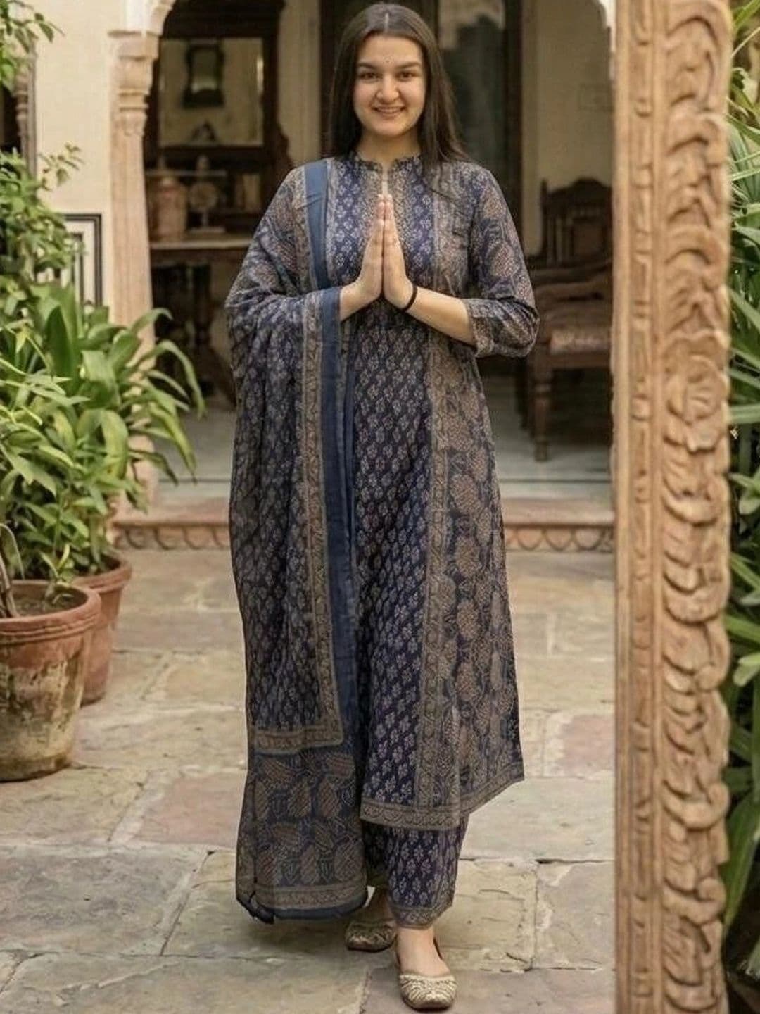 MILAAV Women Ethnic Motifs Printed Regular Mirror Work Pure Cotton Kurta with Palazzos & With Dupatta thumbnail 7