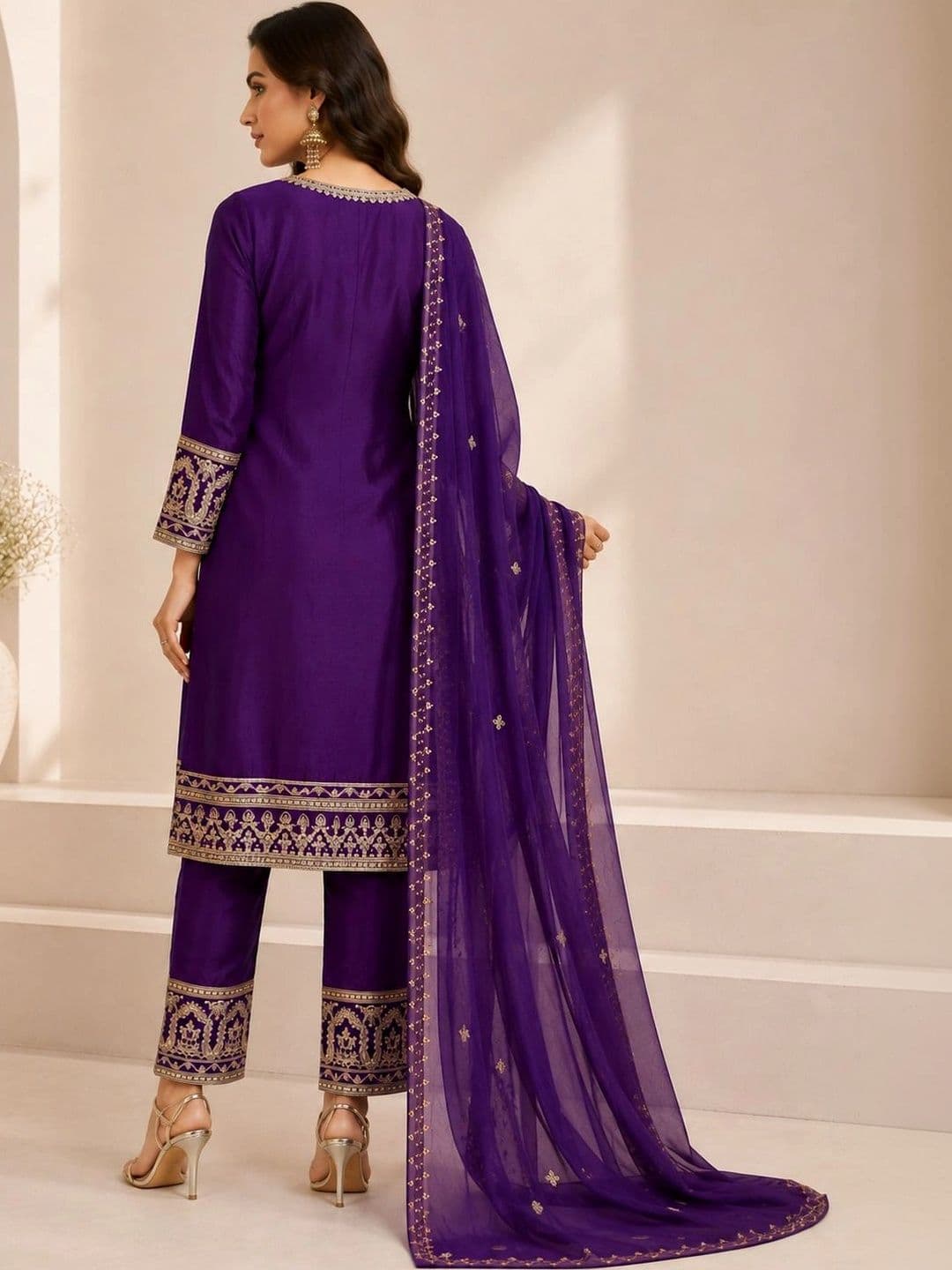 Mitera Women Ethnic Motifs Embroidered Regular Kurta with Trousers & With Dupatta thumbnail 6