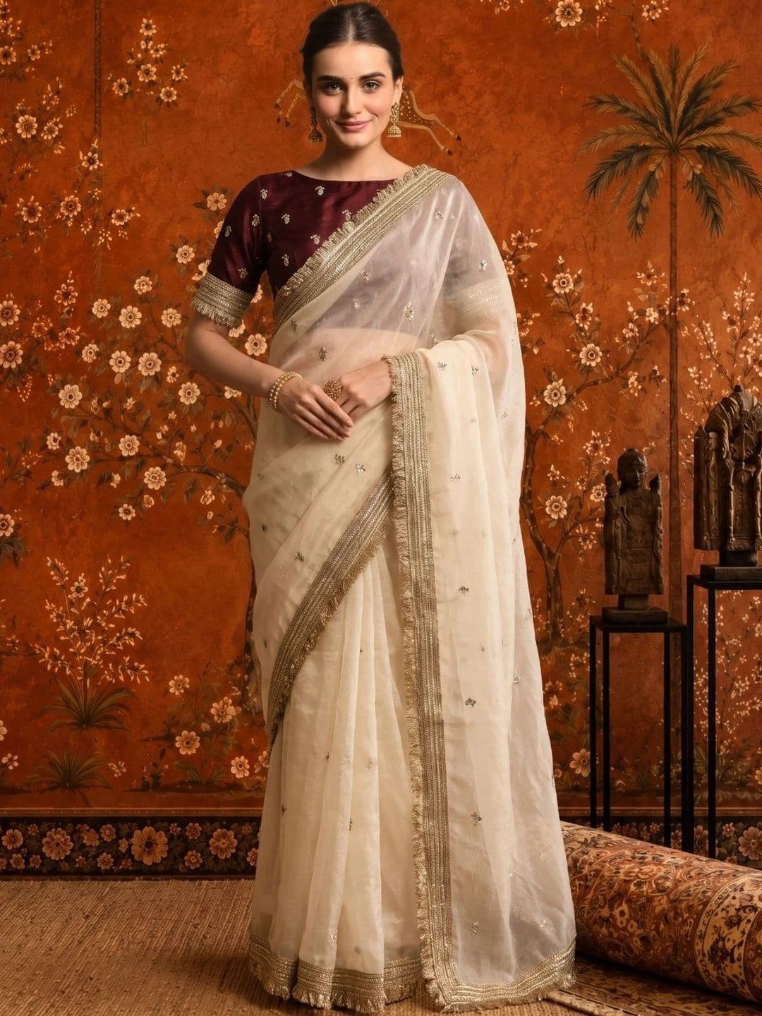 Sangria Floral Embroidered Satin Saree thumbnail 6
