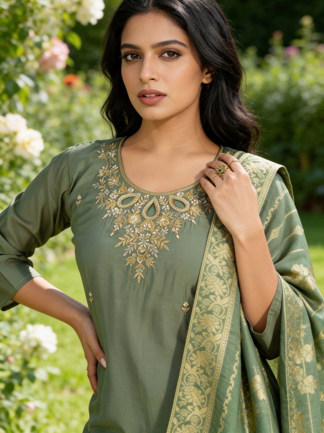 KALINI Women Ethnic Motifs Embroidered Regular Thread Work Kurta with Trousers & With Dupatta thumbnail 2