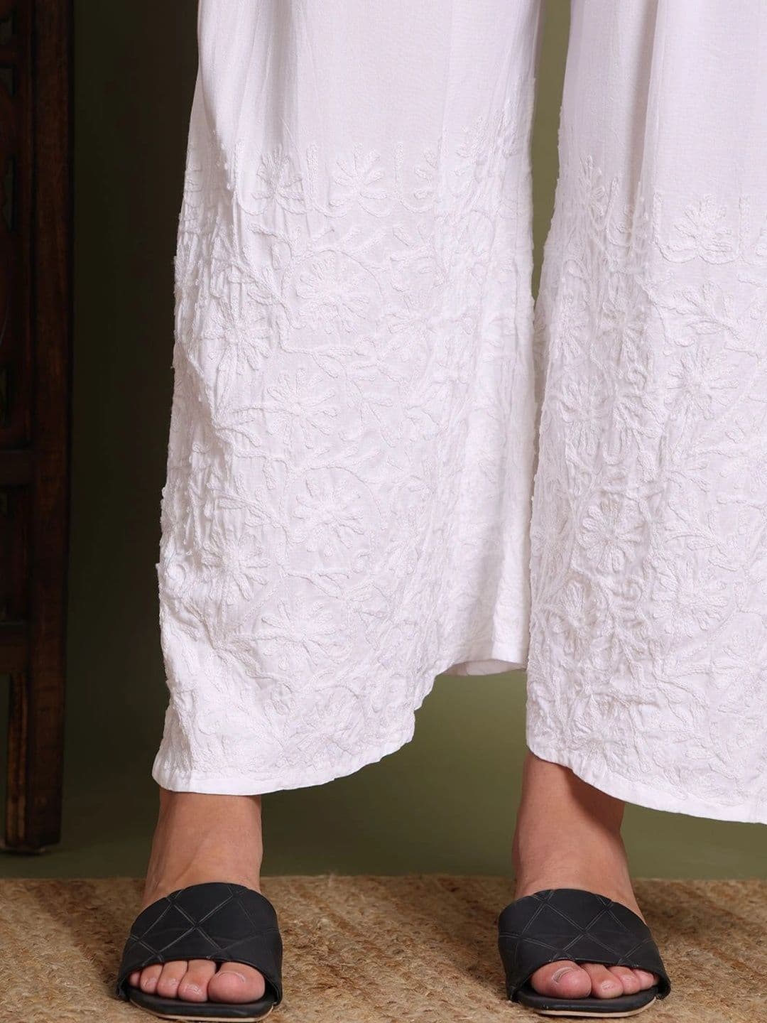 HERE&NOW Women's Chikankari Embroidered Wide-Leg Palazzos thumbnail 5