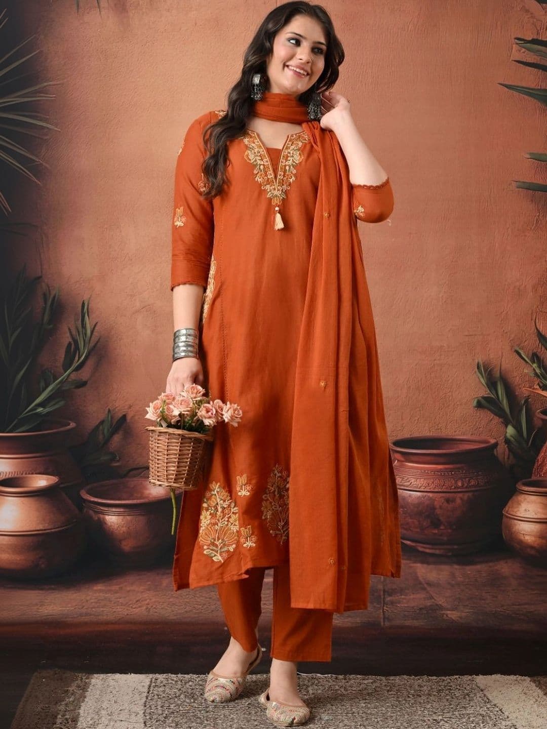 Encourage Women Ethnic Motifs Embroidered Regular Thread Work Kurta with Trousers & With Dupatta thumbnail 5