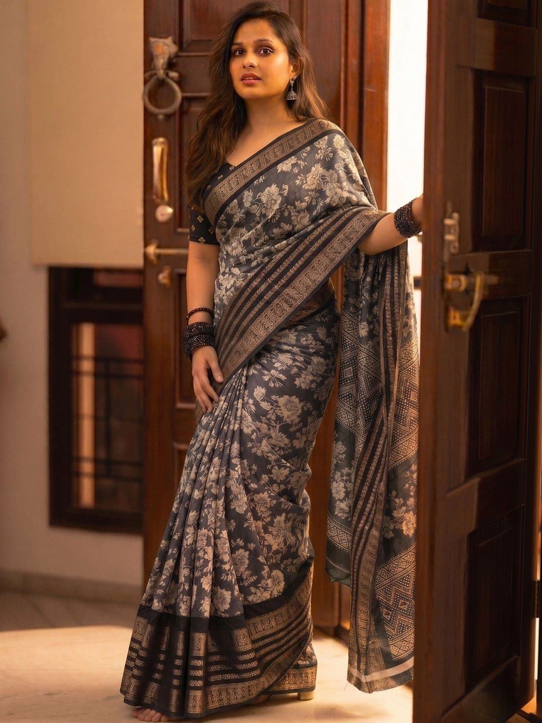Owee Floral Zari Silk Blend Designer Saree - view 1