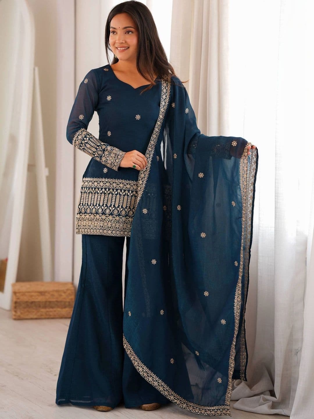 VASTRABELLA Women Ethnic Motifs Embroidered Regular Kurta with Sharara & With Dupatta thumbnail 5