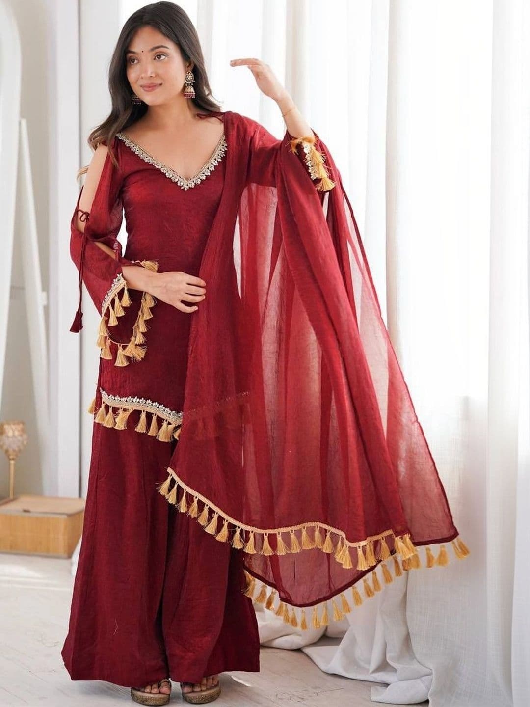 VASTRABELLA Women Regular Gotta Patti Pure Silk Kurta with Sharara & With Dupatta thumbnail 3