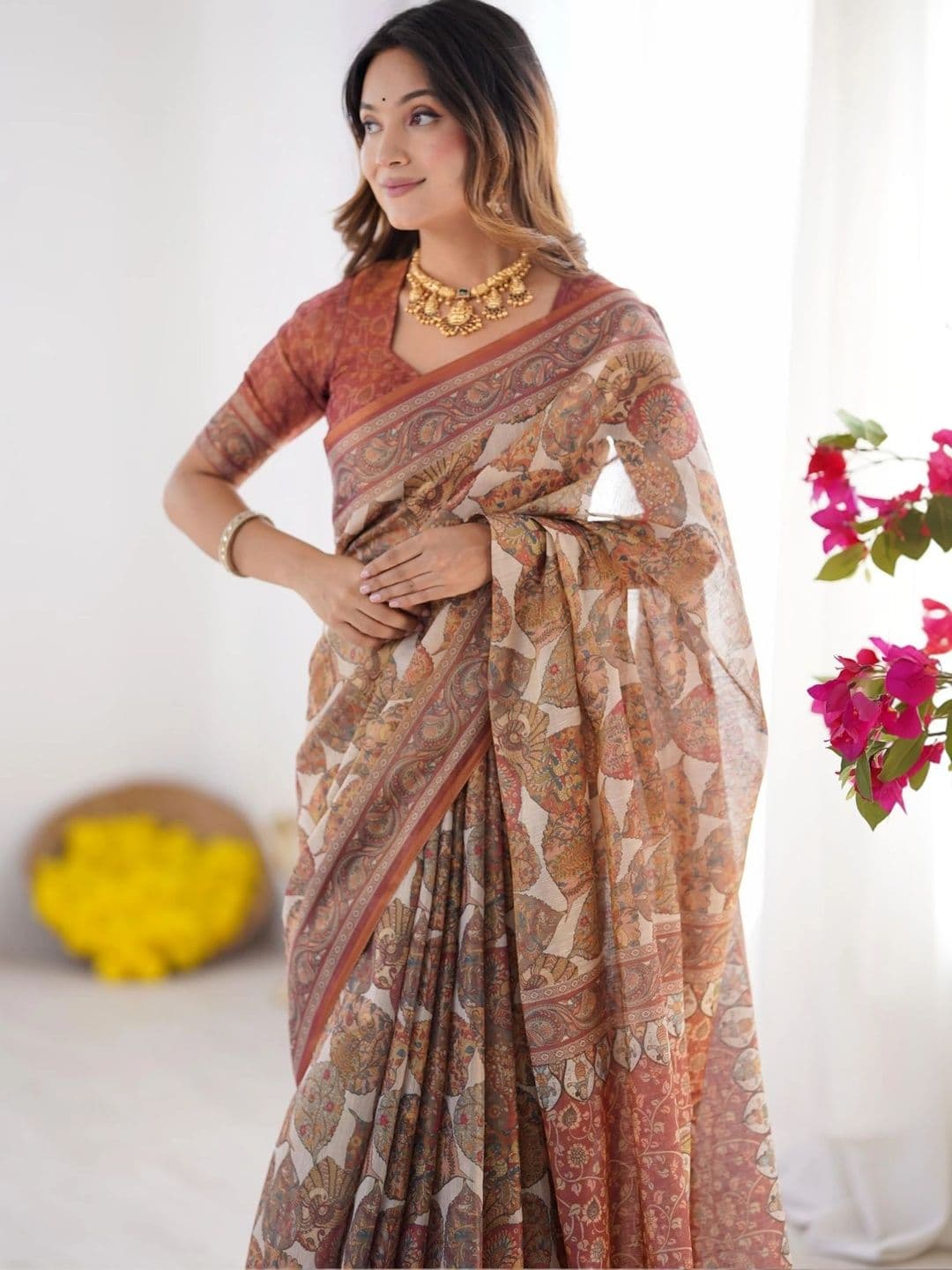 HOUSE OF PRANSHI Kalamkari Linen Blend Jamdani Saree thumbnail 6