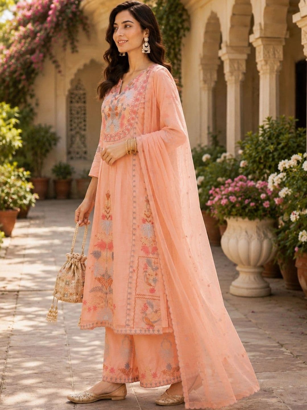 Mitera Women Ethnic Motifs Embroidered Regular Kurta with Palazzos & With Dupatta thumbnail 3