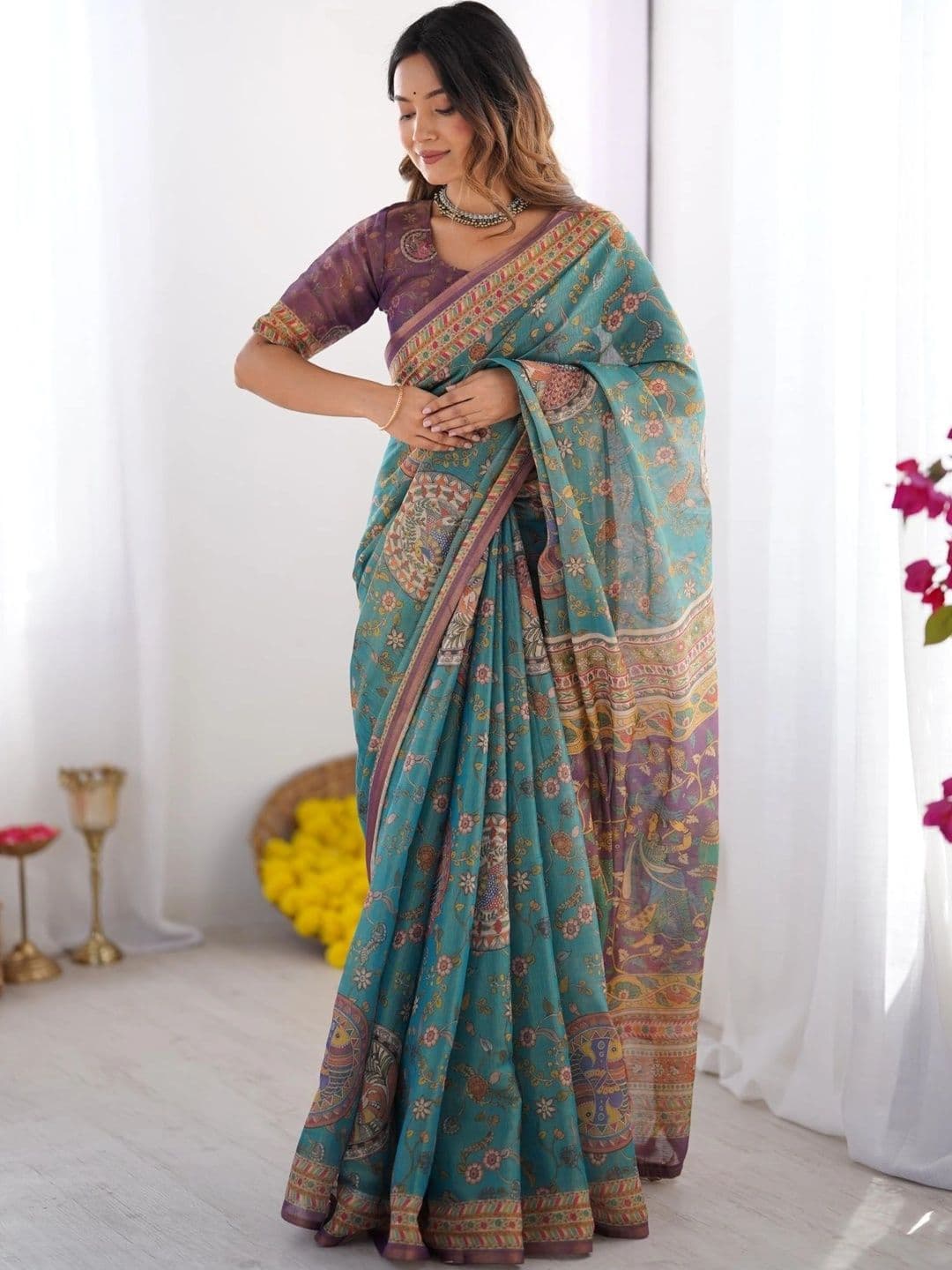 HOUSE OF PRANSHI Floral Linen Blend Jamdani Saree - view 1