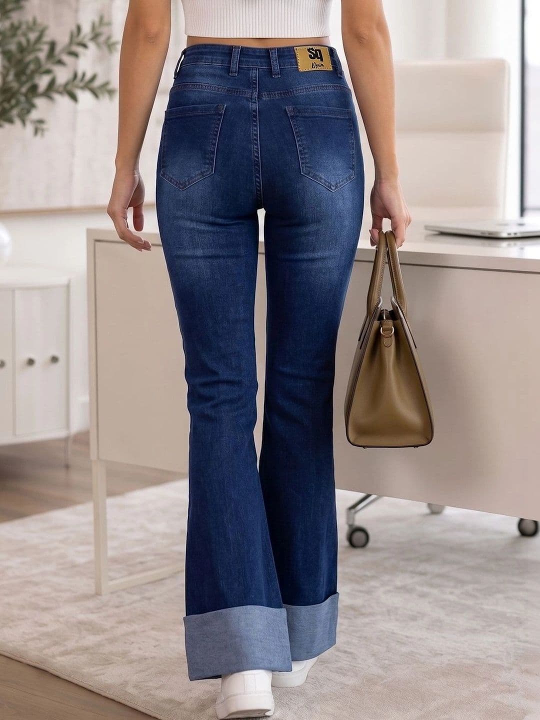 Style Quotient Women Classic Wide Leg High-Rise Low Distress Cuffed Hem Stretchable Jeans thumbnail 4