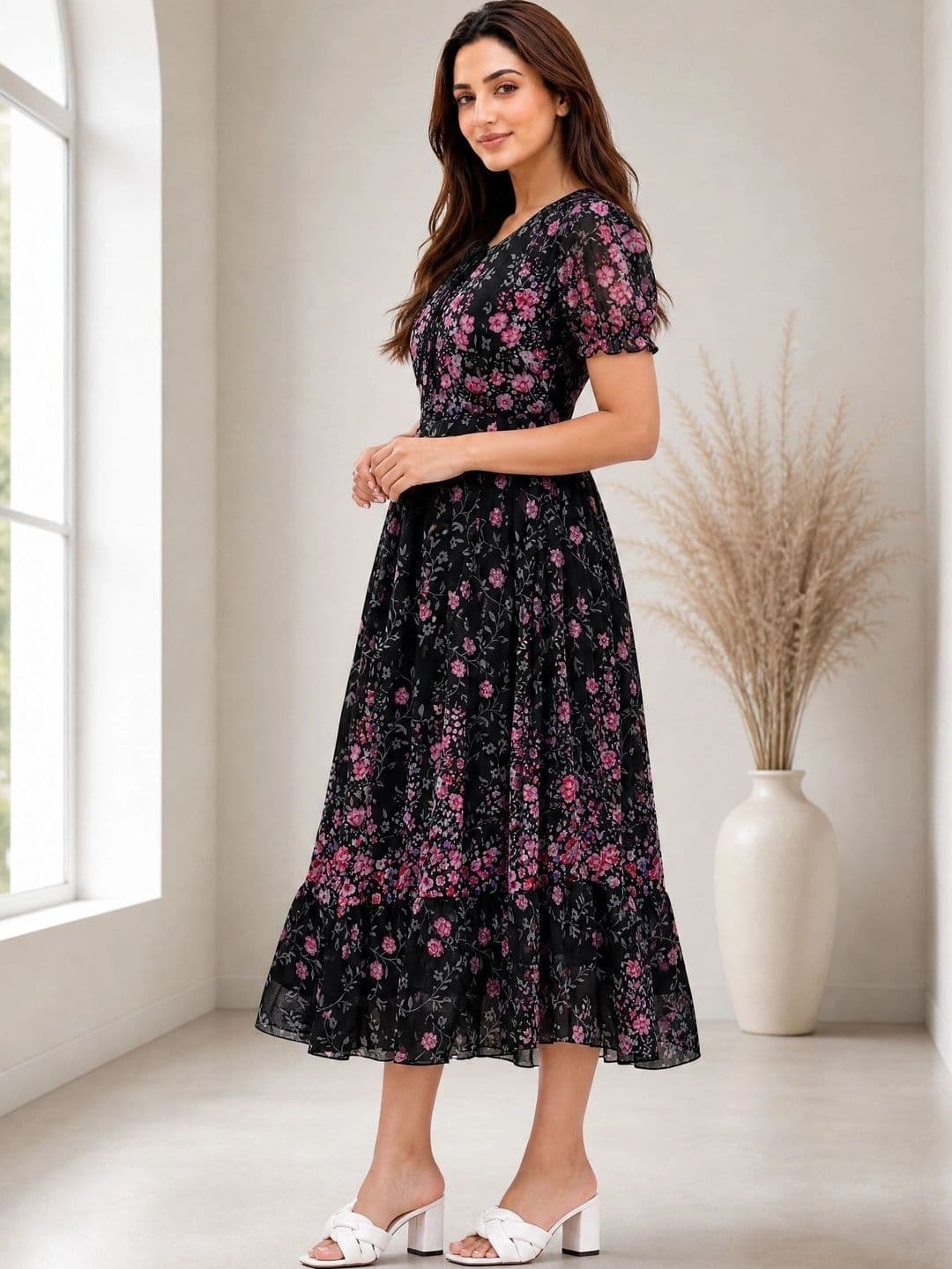 QENA Floral Print Puff Sleeve Georgette A-Line Midi Dress thumbnail 2