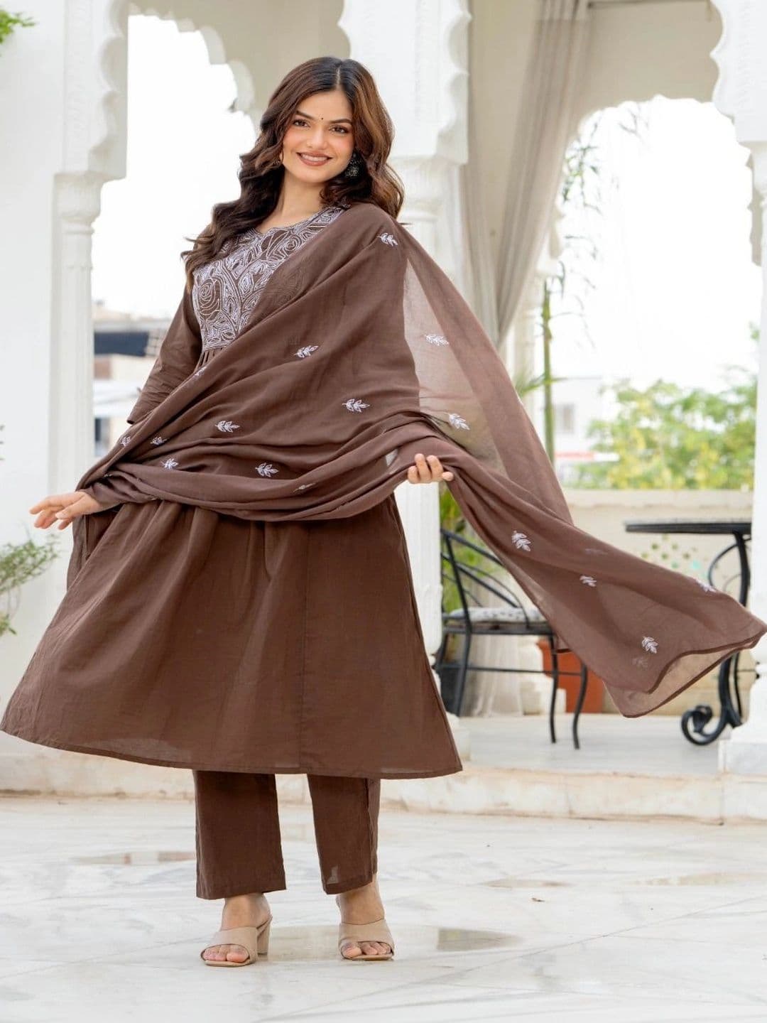 HERE&NOW Women Ethnic Motifs Embroidered Pleated Thread Work Pure Cotton Kurta with Trousers & With Dupatta - view 1
