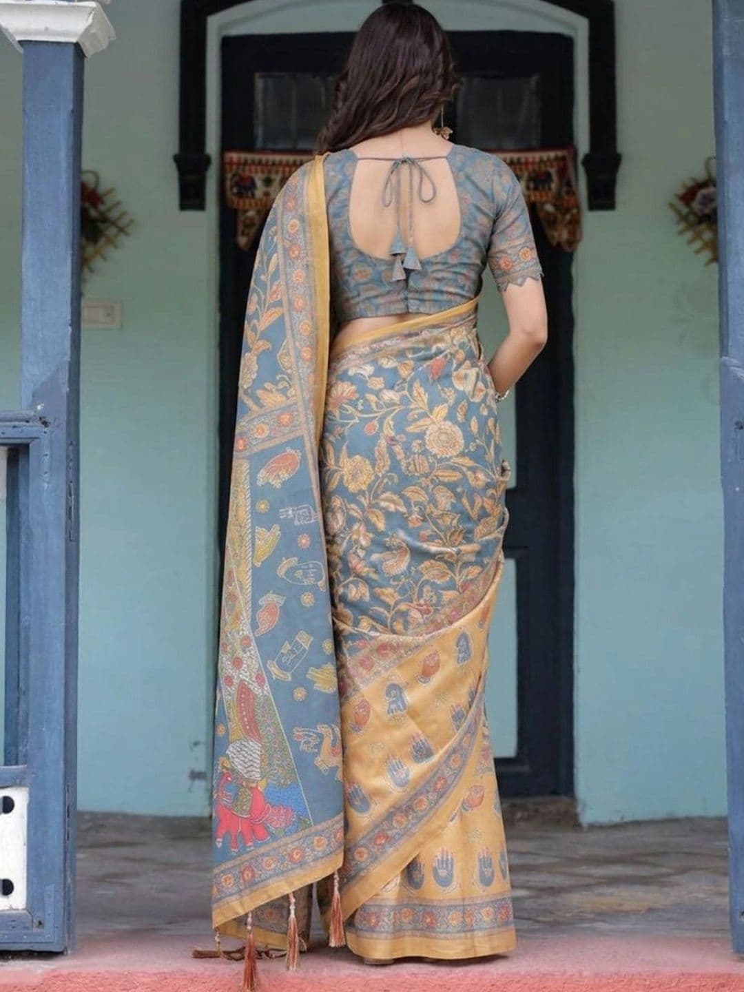 HOUSE OF PRANSHI Kalamkari Linen Blend Jamdani Saree thumbnail 2