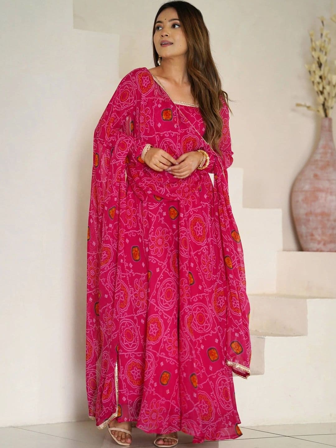 VASTRABELLA Women Bandhani Printed Tiered Silk Chiffon Kurta with Palazzos & With Dupatta thumbnail 3