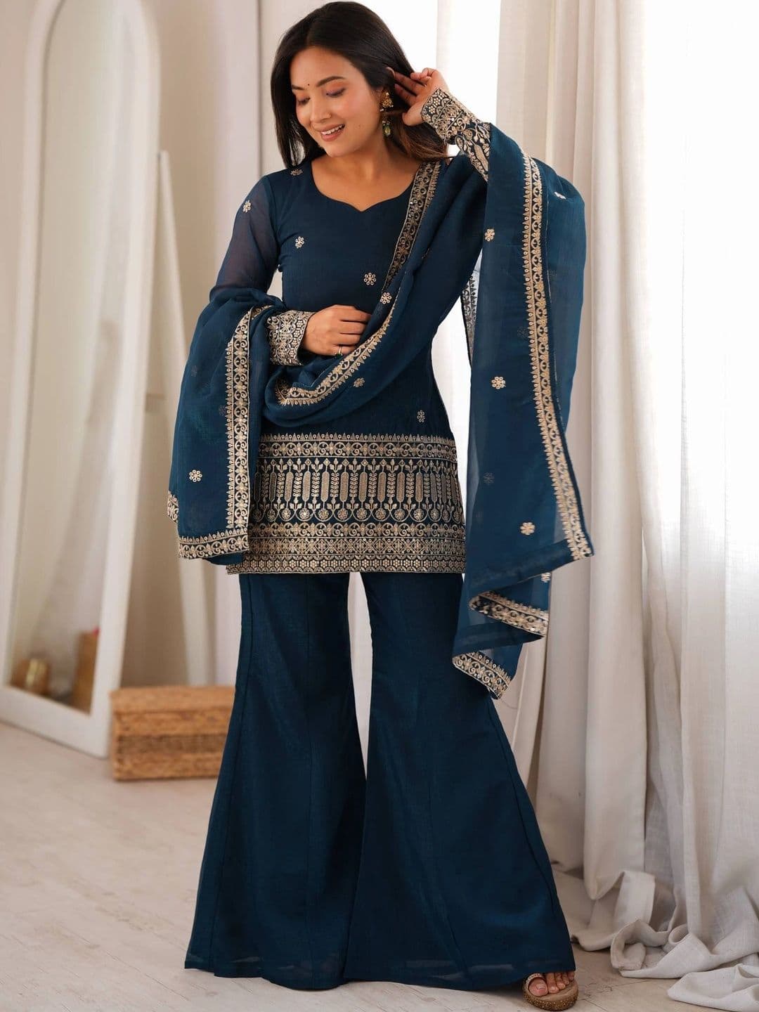 VASTRABELLA Women Ethnic Motifs Embroidered Regular Kurta with Sharara & With Dupatta thumbnail 6