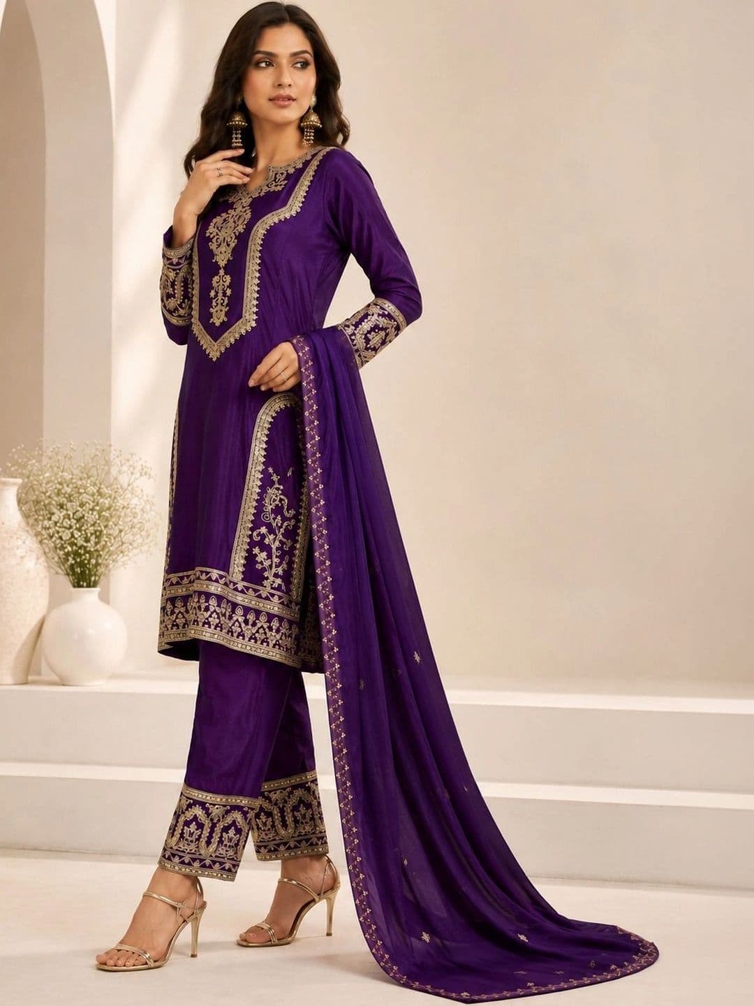 Mitera Women Ethnic Motifs Embroidered Regular Kurta with Trousers & With Dupatta thumbnail 3